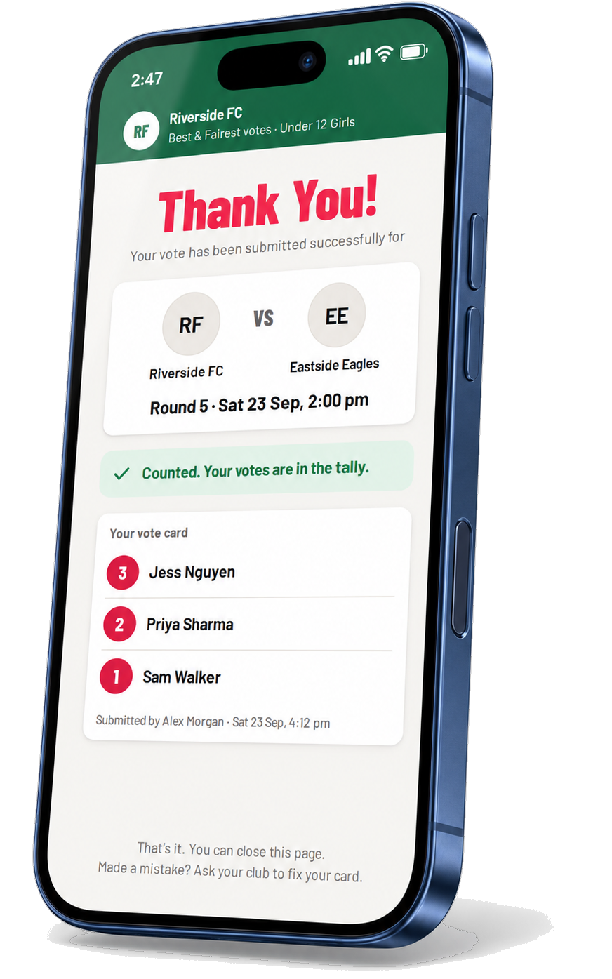 The Thank You page on an iPhone: the card is counted and a copy is shown