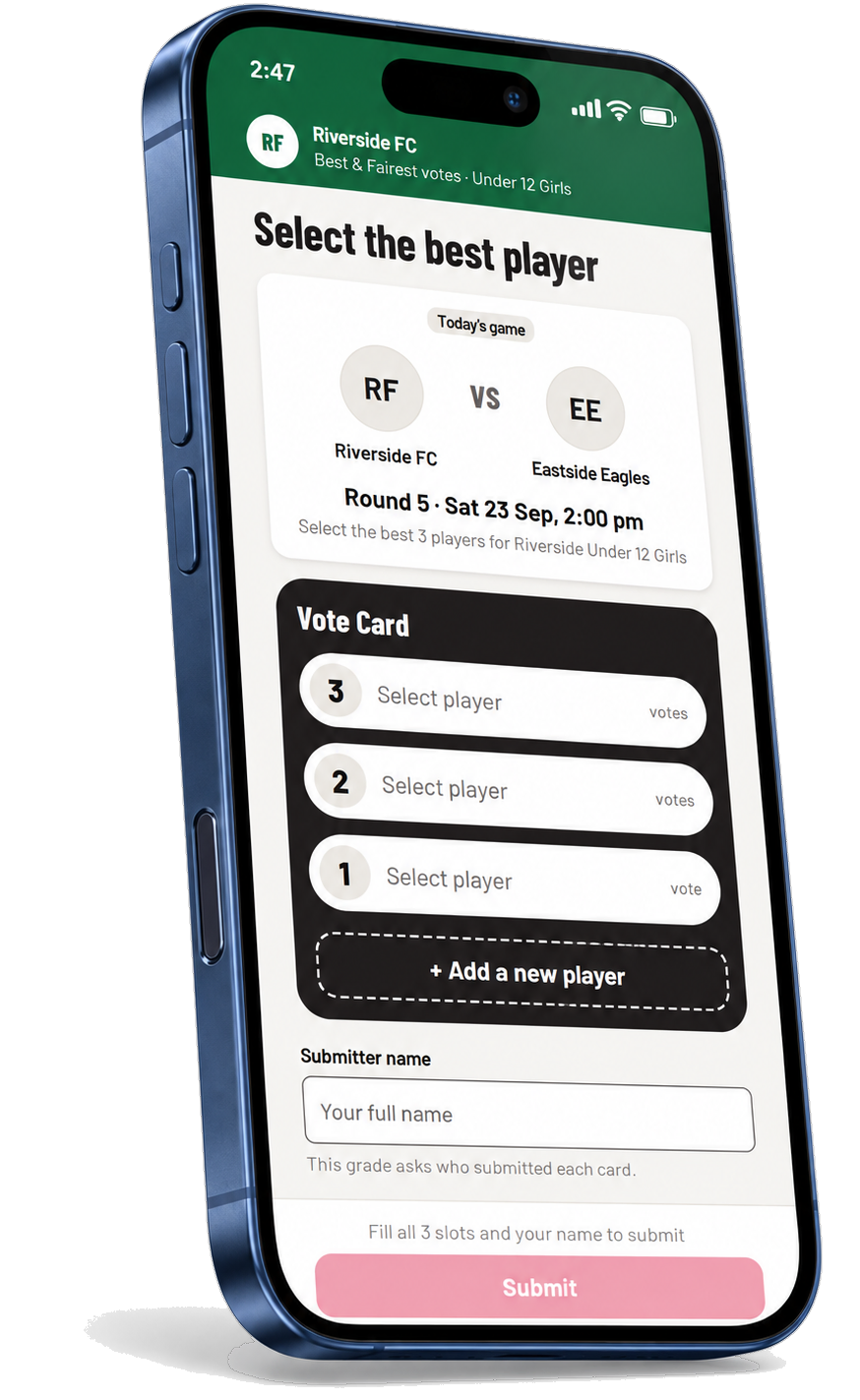 The vote card as it opens from the QR code: today’s game and three empty slots