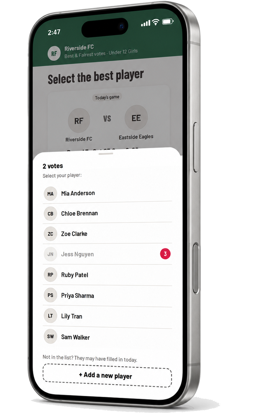 Picking a player: the lineup slides up from the bottom of the phone