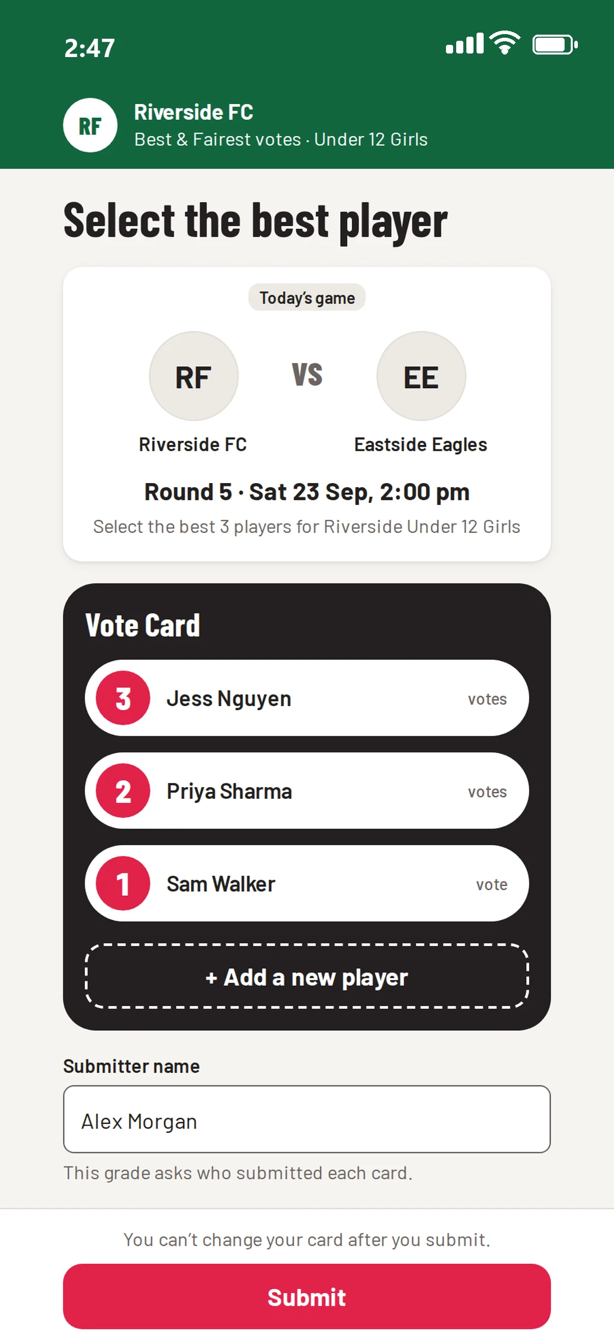 A completed vote card on the phone: 3 votes Jess Nguyen, 2 Priya Sharma, 1 Sam Walker, ready to submit